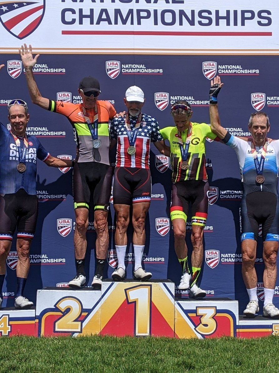 After winning the Time Trial Jim Dickerson took 4th in the road race- 65-69AG.